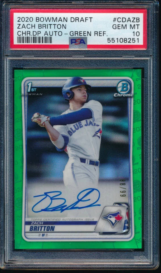 PSA 10 ZACH BRITTON AUTO 1er 2020 Bowman cromo refractor verde #/99 RC gema como nuevo Foto 2 de 2