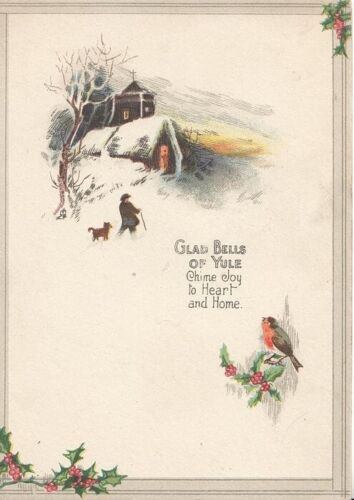 English robins, holly, winter church scene, Tuck Christmas card circa 1920 - Picture 1 of 3
