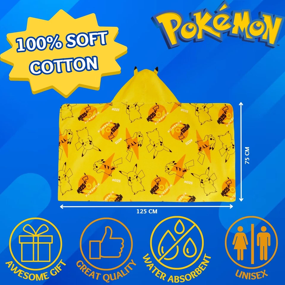 Pikachu Hooded Towel Kids 3D Ears Pokemon Poncho Beach Bath Towel Swimming Wrap - Image 4 of 4