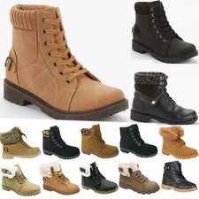 WOMENS WINTER ANKLE BOOTS FUR LINED FLAT ARMY COMBAT GRIP SOLE SHOES SIZE 2026