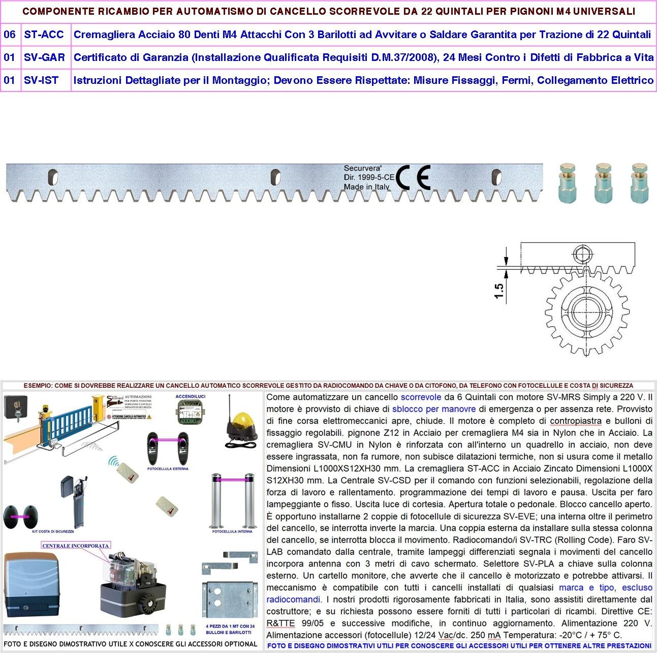 Kit Cremagliera Zincata Acciaio M4 Cancello Scorrevole 6 Pezzi 1 Metro 6 bulloni - 2
