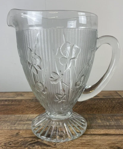 Vintage Jeannette Glass Iris & Herringbone Footed Water Pitcher Depression Era