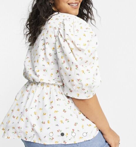 NEW WHITE SIMPLY BE FRUIT PRINT WRAP TOP WITH PUFF SLEEVES PLUS SIZE 22 - Afbeelding 4 van 4