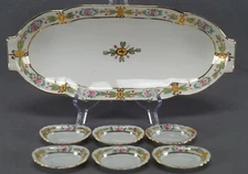 Nippon Hand Painted Pink Rose & Gold Celery Dish & Salts Circa 1891 - 1921