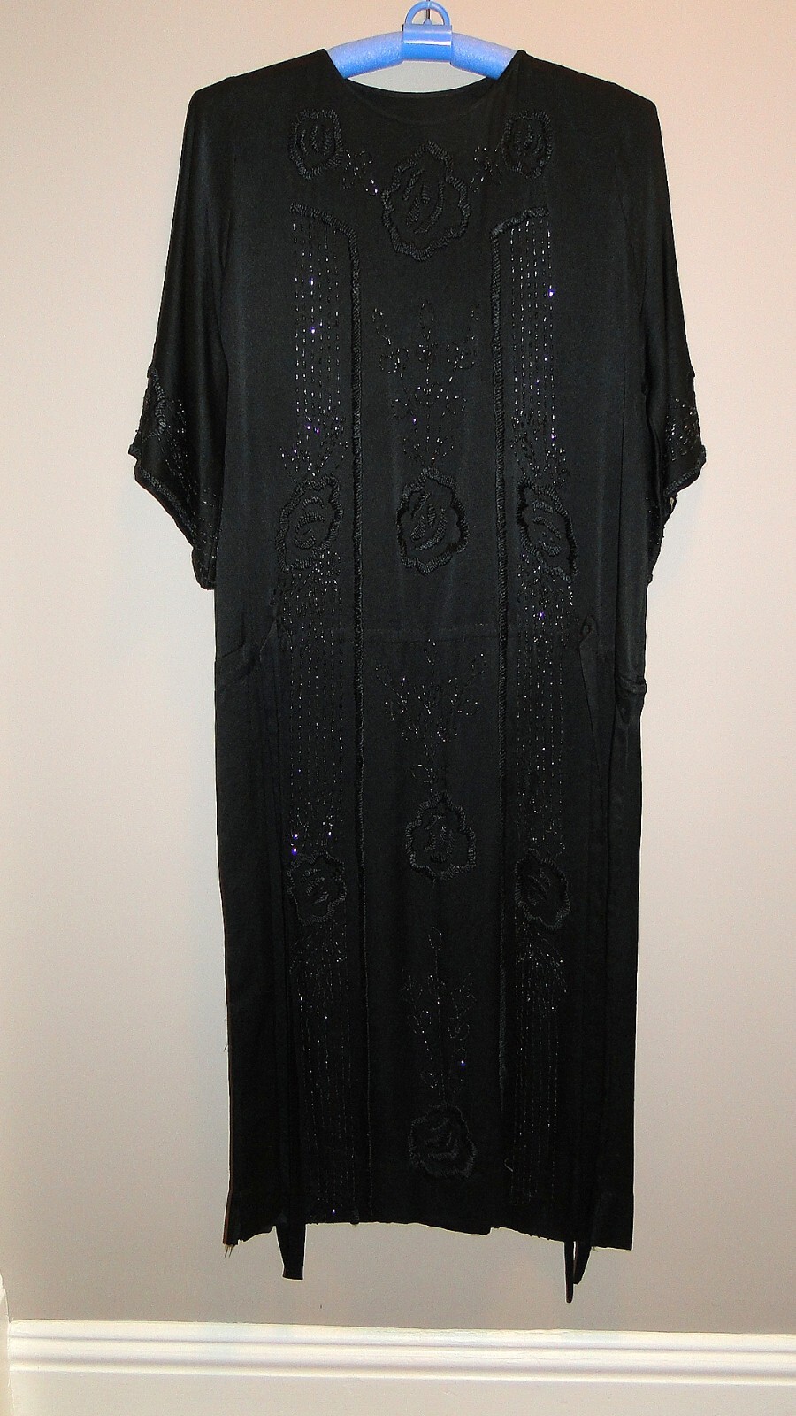 Vintage Edwardian Deco Flapper Dress Black Beaded w Black Embroidery