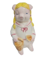 Vintage LIPPER & MANN Piggy Bank Coin Bank Ceramic Pig W/blonde Braid Japan 6.5”
