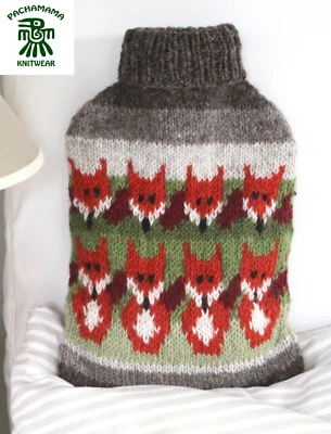 Pachamama Handgestrickt, 100 % Wolle, Heißwasserflasche & -deckel - Füchseschädel, brandneu mit Etikett