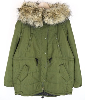 Replay Damen Jacke M Grün Kapuze Reißverschluss Parka Kunstpelz