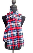 VTG Pendleton 100 Pure Virgin Wool Scarf Red Blue Tartan Plaid Fringe Preppy