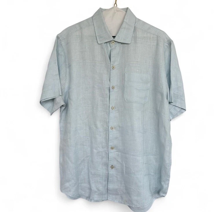 Tommy Bahama light blue 100% linen shirt Button Up Windowpane Pocket Sz M