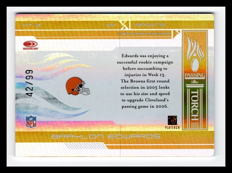 Donruss Elite Passing the Torch Braylon Edwards 2006 automático dorado #PT-3/99 Browns Foto 3 de 3