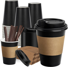 12 Oz 50 Pack Black Disposable Coffee Cups with Lids Sleeves