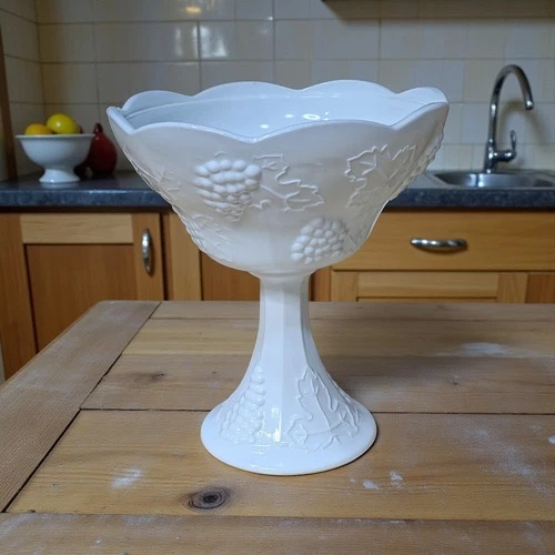 Vintage Indiana Milk Glass Pedestal Bowl Candy Dish Harvest Pattern