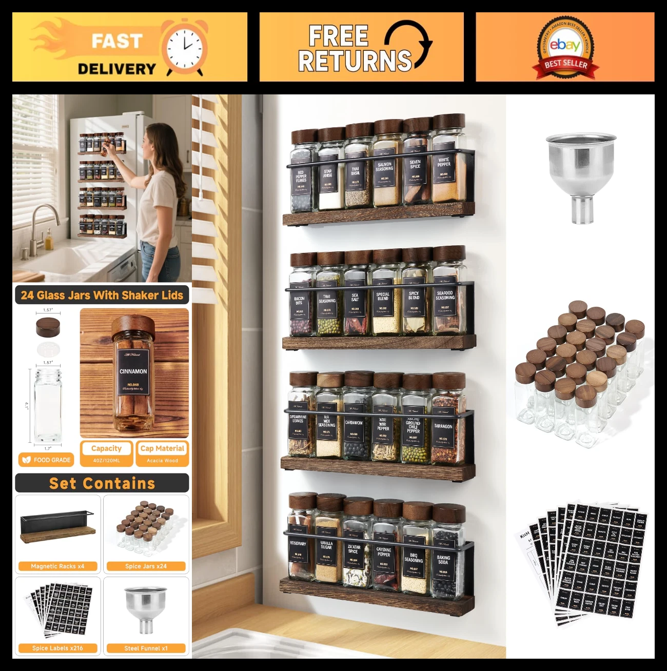 Magnetic Spice Rack with 24 Jars, 216 Labels & Steel Funnel - Kitchen Organizer