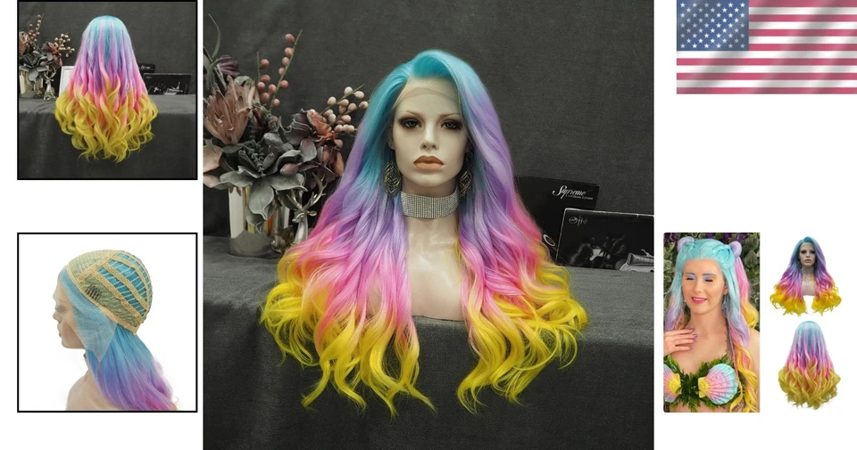 Peluca sintética arco iris multicolor 26" Foto 2 de 4