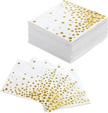 3-Ply Gold Napkins, 80 Pcs White and Gold Paper Napkins 5 Inch Cocktail Napkins