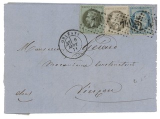 SEPTEMBRE 1871 1c 4c 20c GC 2740 ORLEANS LETTRE POUR VIERZON SUPERBE