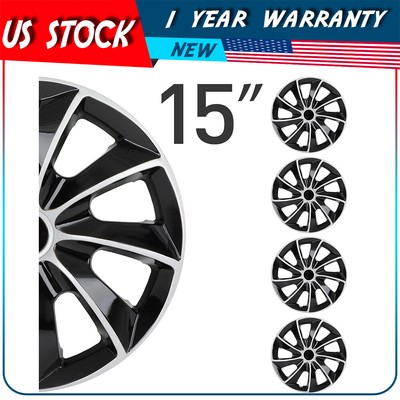 Full 4 Pcs Gloss Black & Silver Hubcaps Rim 15'' Wheel Cover For All Makes Models