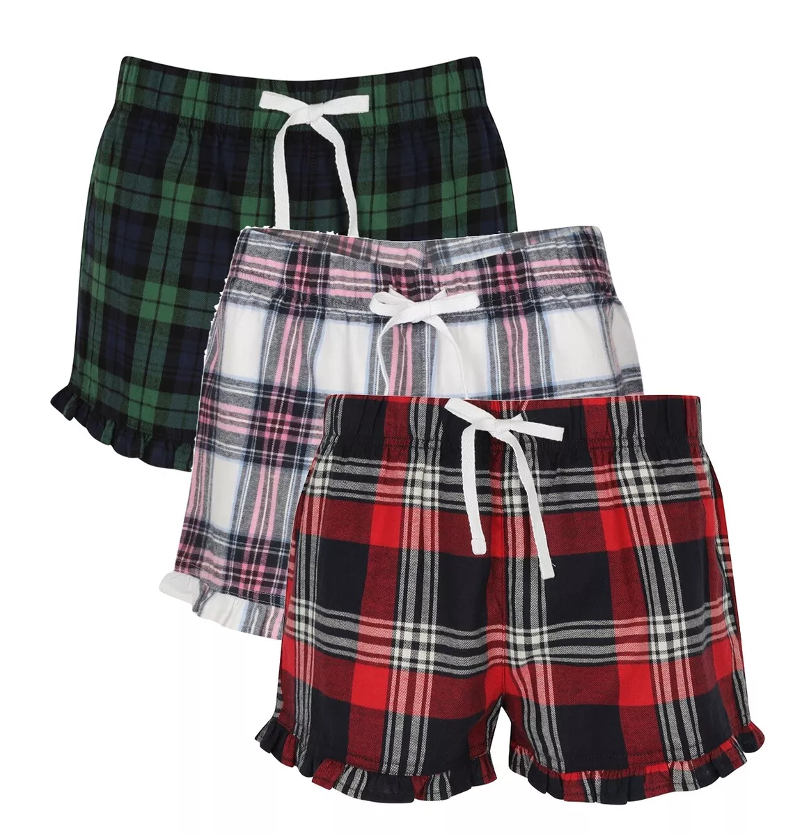 Womens Girls Red Pink Blue or Green Cotton Flannel Tartan Lounge Pyjama  Shorts