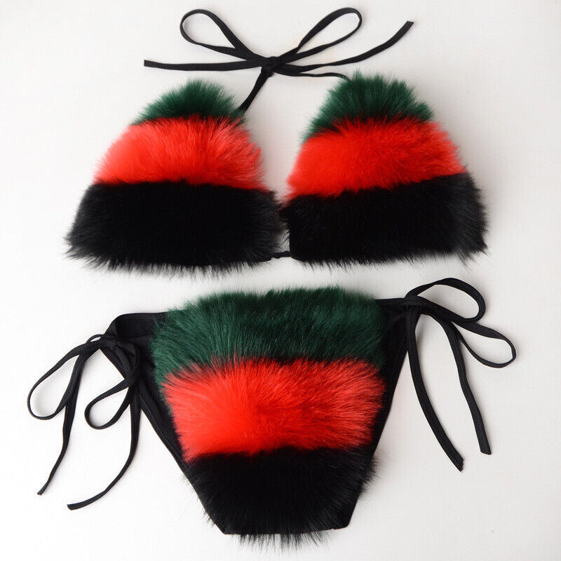 Single Fur String Fox Fur Swimsuit Beach Bikini Sexy Split Fur Bikini Set Micro Bra G ...