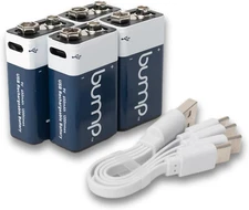 4 Pack 9 Volt Lithium Ion Rechargeable Batteries 650mAh USB-C Type Cable Bump