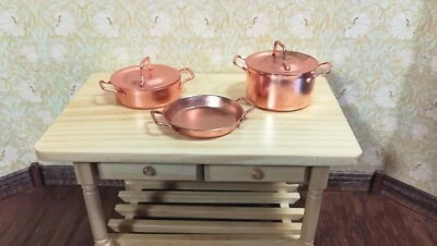 STREETS AHEAD Dollhouse Copper Pots & Pans Stock Soup Saute Removable Lids 1:12 Scale