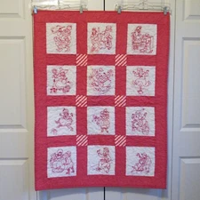 Baby quilt handmade blanket redwork nursery rhyme  43" x 35" red embroidered