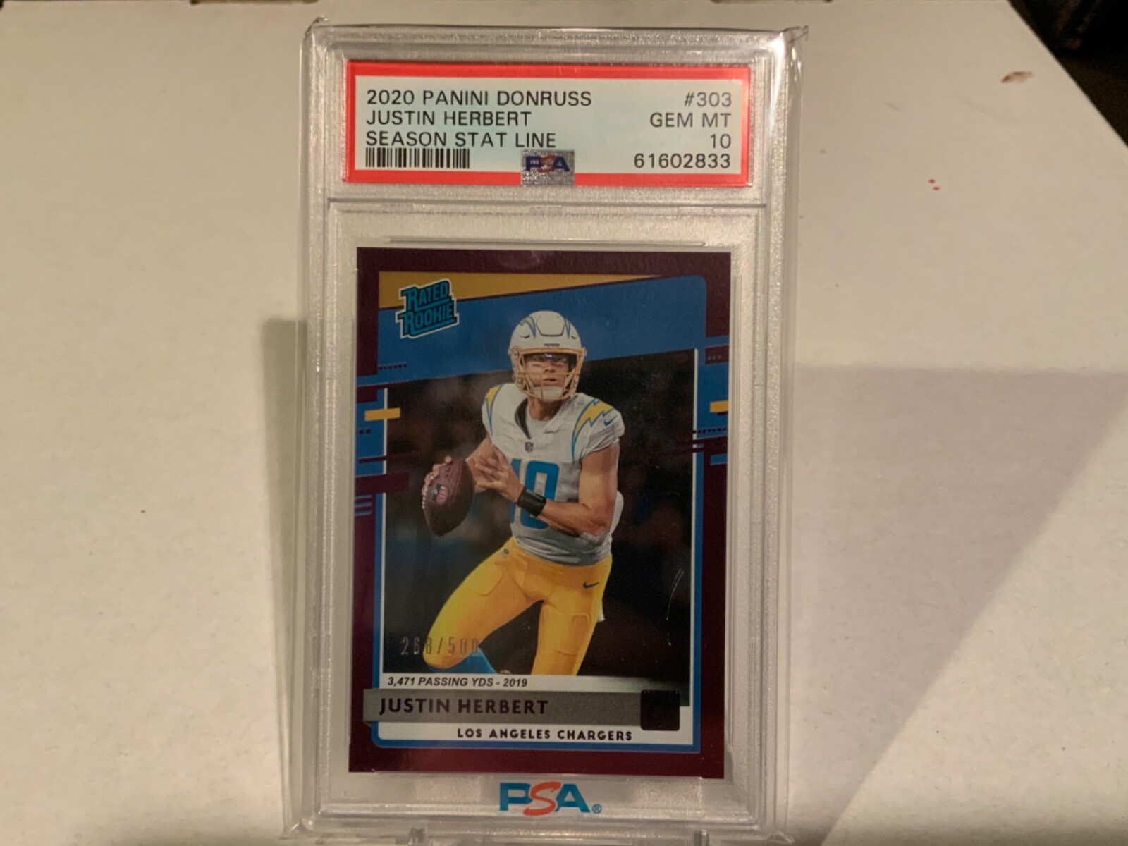 2020 Donruss Justin Herbert Season Stat Line Rated Rookie RC #/500 PSA 10