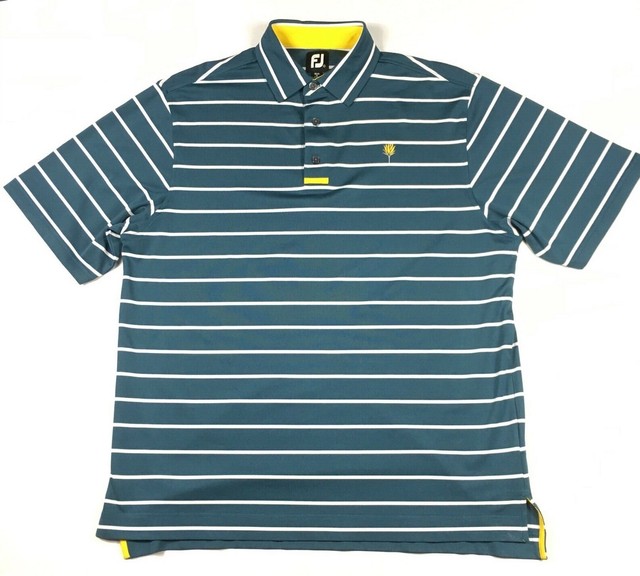 FootJoy Men's Short Sleeve Teal White Striped Yellow Golf Polo Shirt