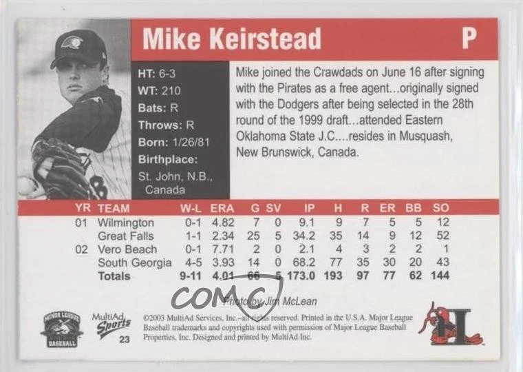 2003 MultiAd Sports Hickory Crawdads Update Mike Keirstead #23 - Image 2 of 2