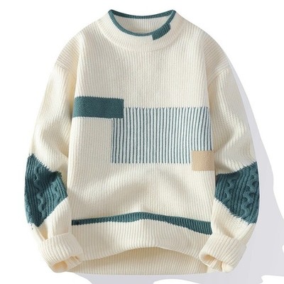 Men's Mock Neck Knitted Sweater Fashion Patchwork Pullover Casual Warm Jumper To
