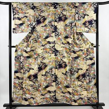 JAPANESE KIMONO FINE PATTERN DARK PURPLE 156cm 5 ft 1 in PURE SILK FF8558