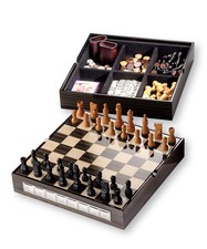 SET GIOCO con SCACCHIERA DAMA DOMINO DADI in RADICA WENGHE e ARGENTO 925% 14050