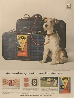 1965 Gaines Burgers Terrier Suitcases Can PRINT AD Dog Food