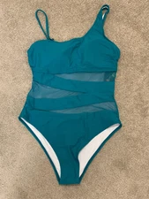 Blooming Jelly Mesh Patchwork One Piece Swimwear Sz Medium Aqua Green NWT 