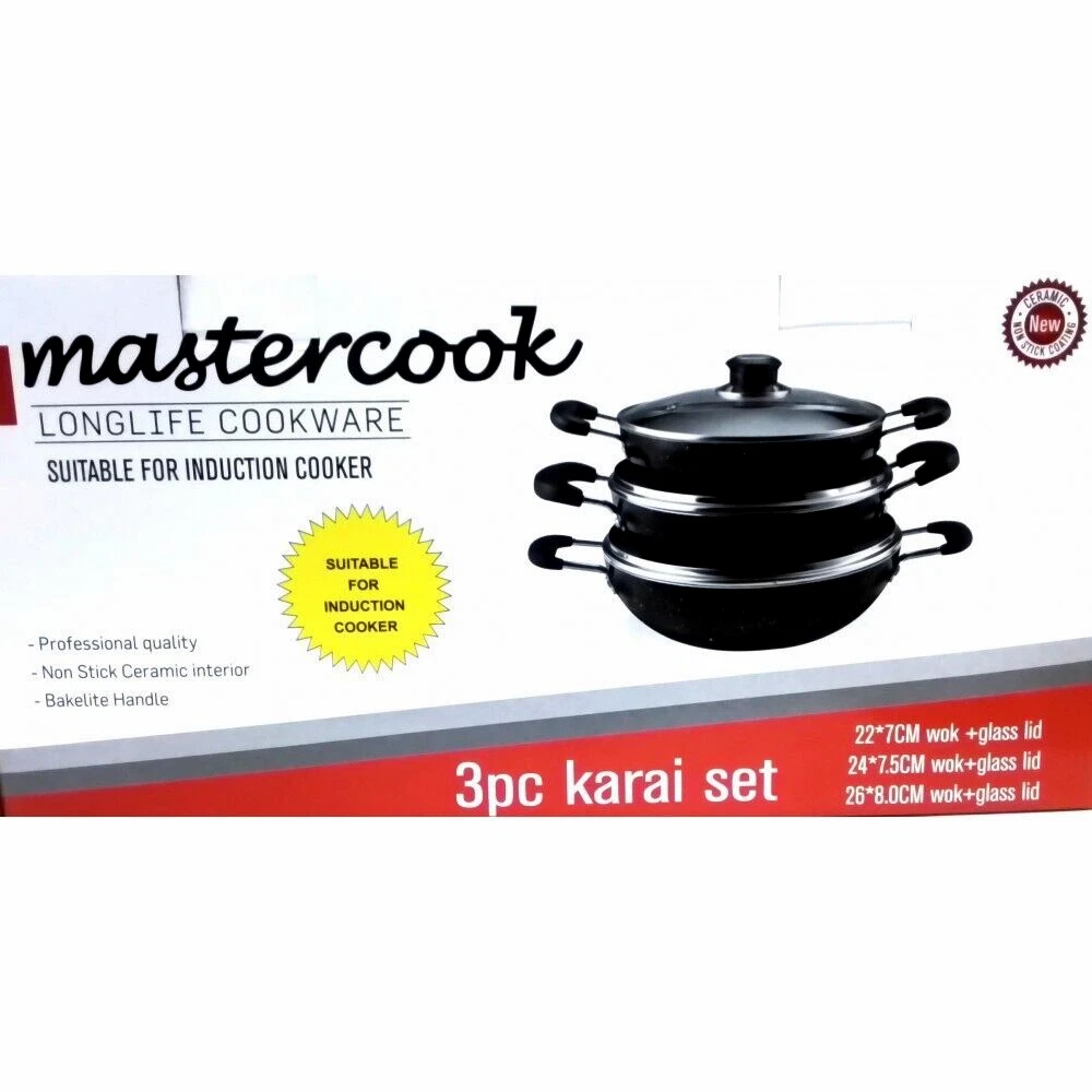 3pc Non-Stick Ceramic Coated Induction Wok Pan + Glass Lid Cooking Frying Kadai