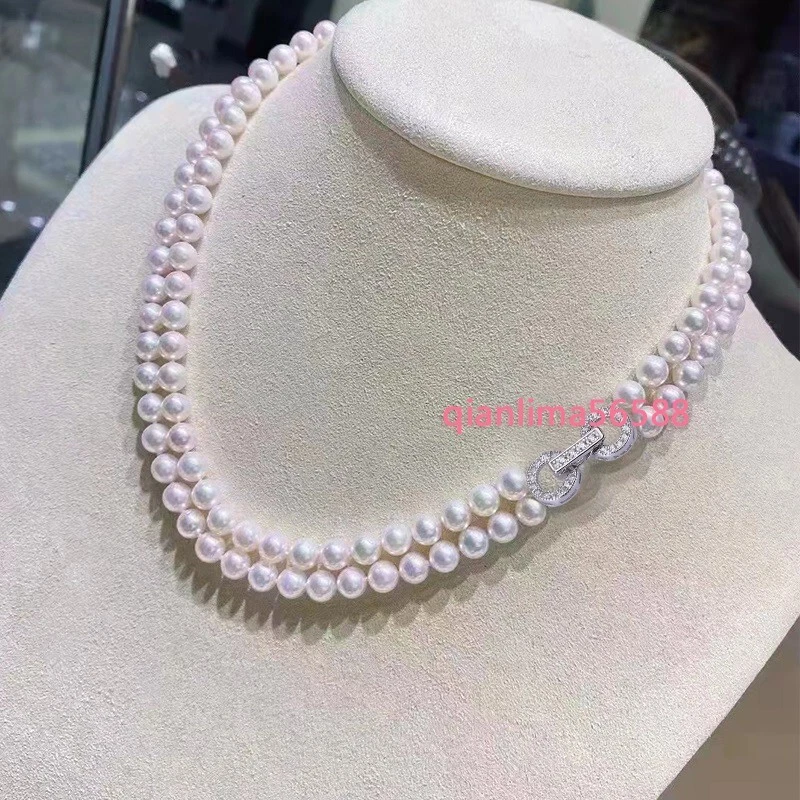 Elegant Two Strands AAA 6-7mm South Sea Round White Pearl Necklace 18-19" Gold P - Image 4 of 4