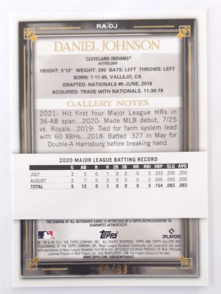 2021 Topps Gallery Daniel Johnson Auto /99 Green Parallel Rookie RA-DJ Guardians - Image 2 of 2