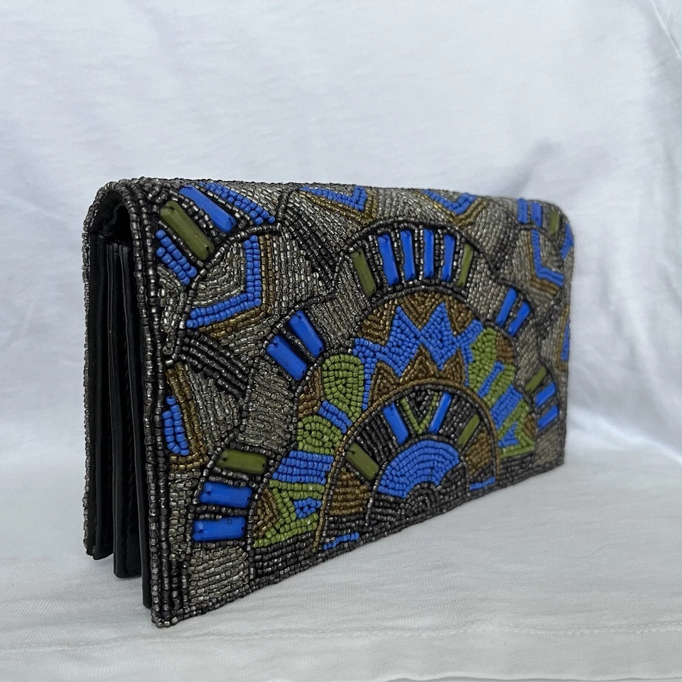 NUEVO - Bolso de Mano Alice + Olivia Azul Verde Cuero Cuentas, Bolso de Noche Foto 4 de 4