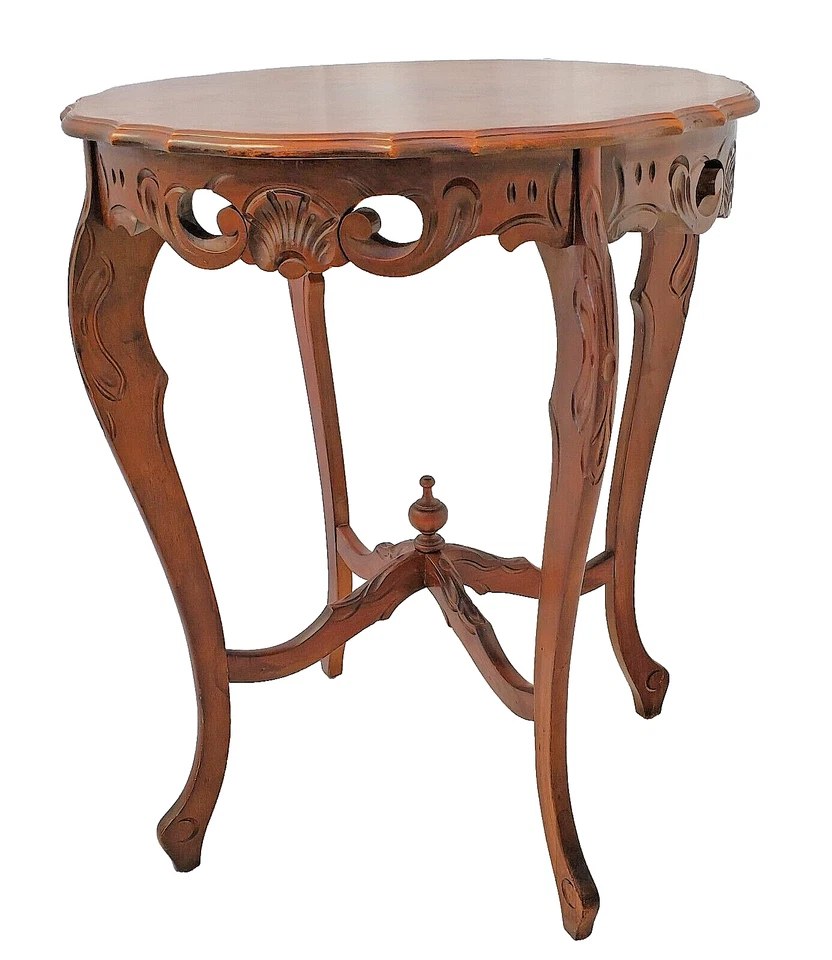 Mesa auxiliar vintage francesa tallada en nogal - tapa festoneada, patas descapotables años 30 Foto 3 de 4