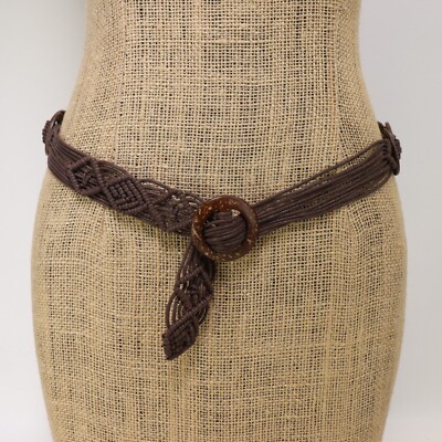 Exotic Macramé Belt Women XL Brown Coconut Shell Rings Beaded Slide Buckle