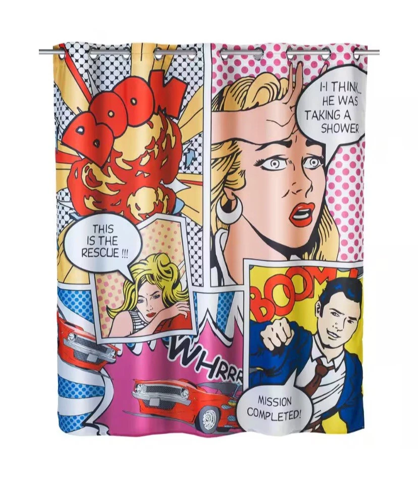 文科波普艺术浴帘 78 英寸卡通漫画书主题五颜六色的抽象艺术 — 第 2/2 张图片