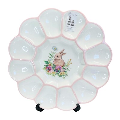 Easter Bunny Rabbit Floral Melamine 12 Deviled Egg Plate Server Pastel Spring