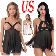Womens Open Bust Straps Split Cup Lace Chemise Lingerie Nightdress with G-string