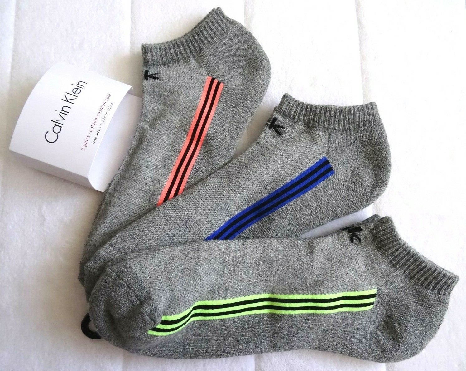 3 CALVIN KLEIN Cushioned Breathable GREY  NEON Sports Trainer LOW CUT SOCKS CK10