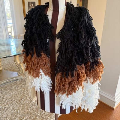 Fab'rik Cropped Color Block Fringe Sweater Size S Boho Chic Wool Blend Cozy Knit