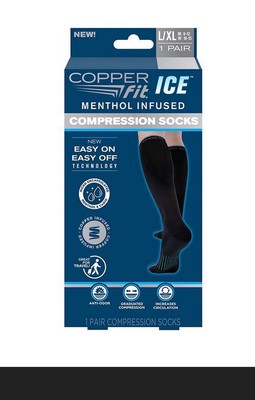 Copper Fit Ice Menthol Infused Compression Socks Black Size. L/XL