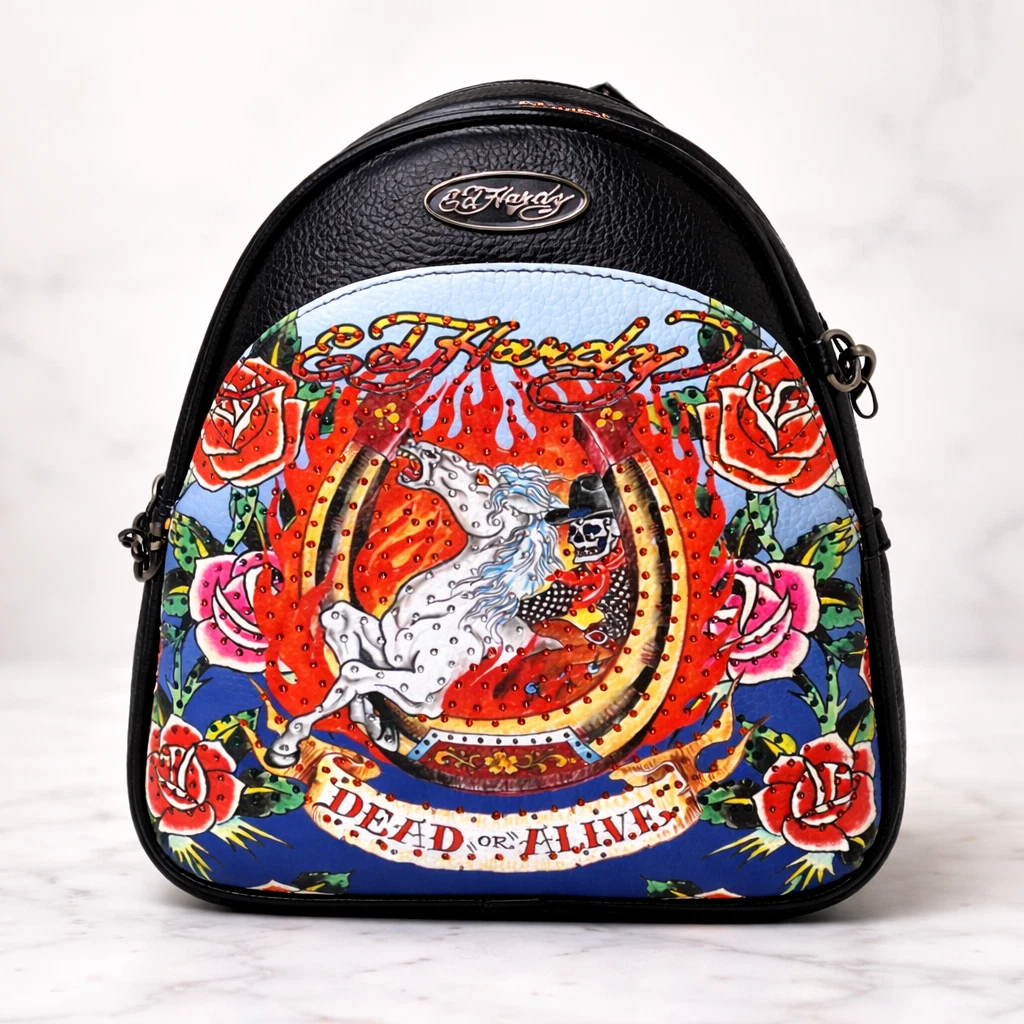 Ed Hardy Black/Multi Color Handbag/Backpack With Charms, NWT Ed Hardy Zip Tote Tattoo Tiger Skull Black Multicolor Bag  main image 4