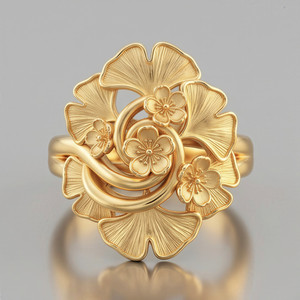 Authentic Gold Plated 925 Sterling Silver Ginkgo Leaf Flower Ring Botanical Statement Band