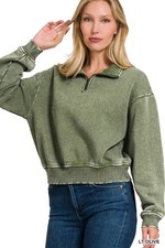 ZENANA LT OLIVE ACID WASH FLEECE HALF ZIP PULLOVER SWEATSHIRT 4304